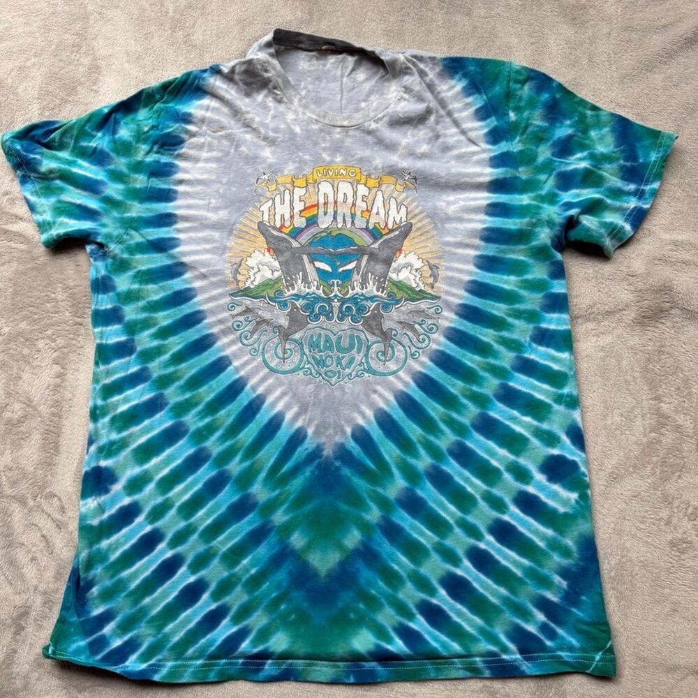 Maui Hawaii Shirt Mens XL Blue Gray Tie Dye Living The Dream Rainbow Whales
